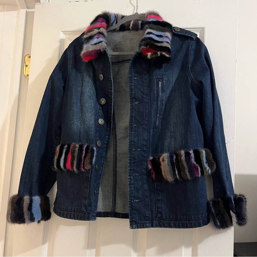 Saks Multi Color Rabbit Fur Dark Wash Denim Jacket